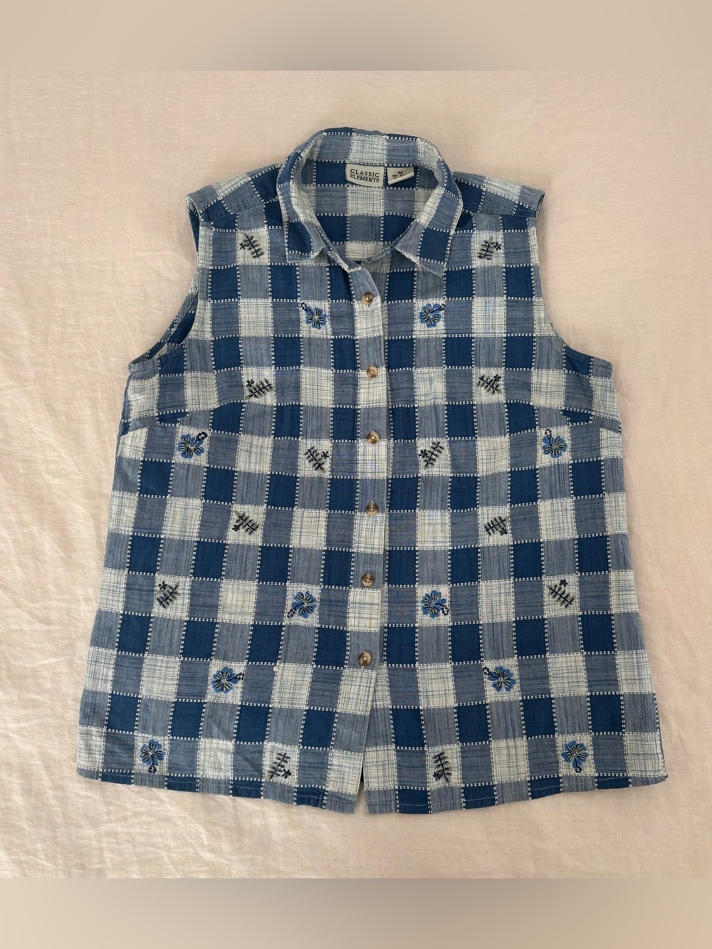 Vintage 90s Classic Elements Embroidered Checkered Cottagecore Sleeveless Top M